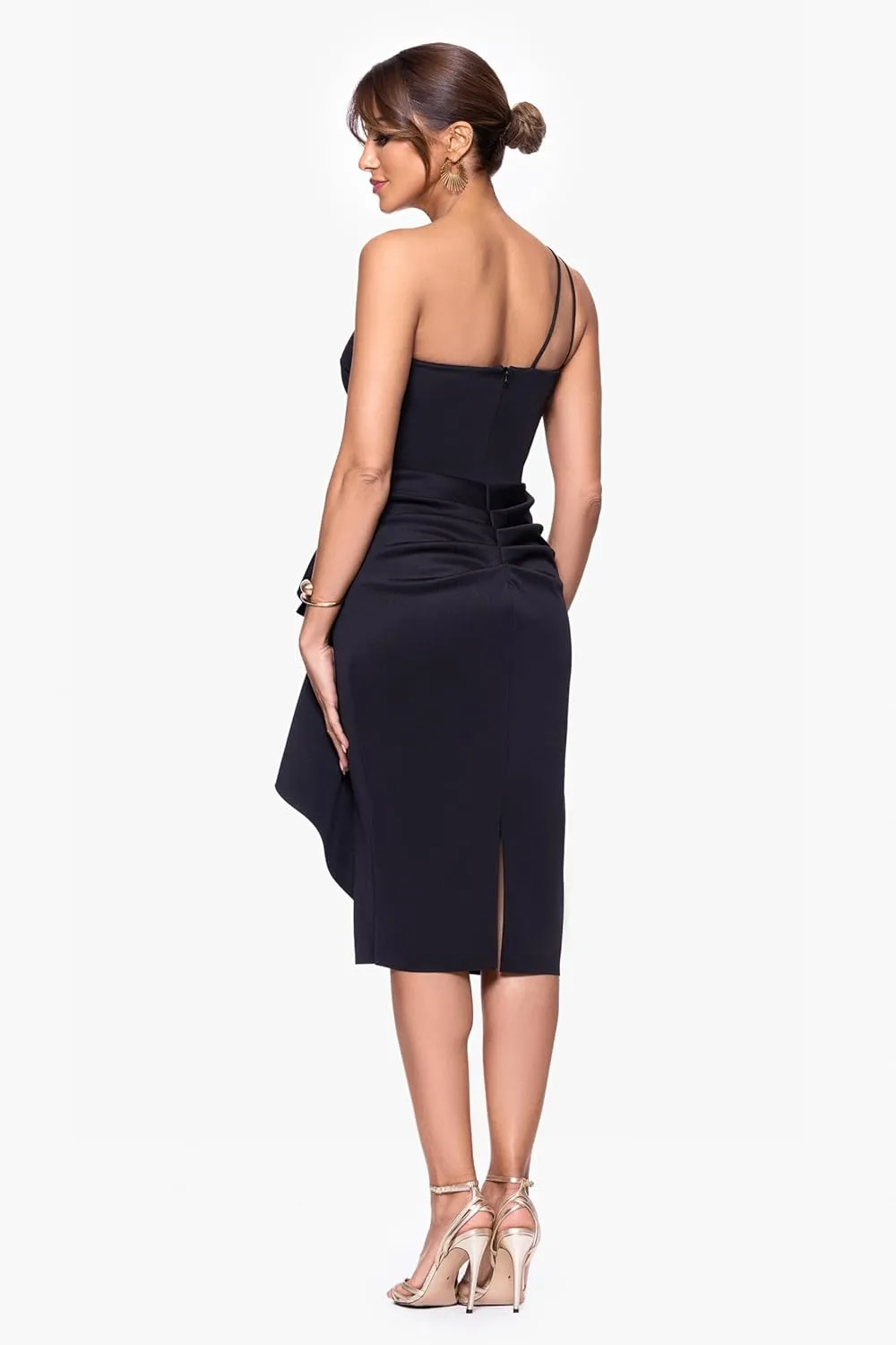Xscape Women's Sleeveless One Shoulder Scuba Ruffle Midi Dress