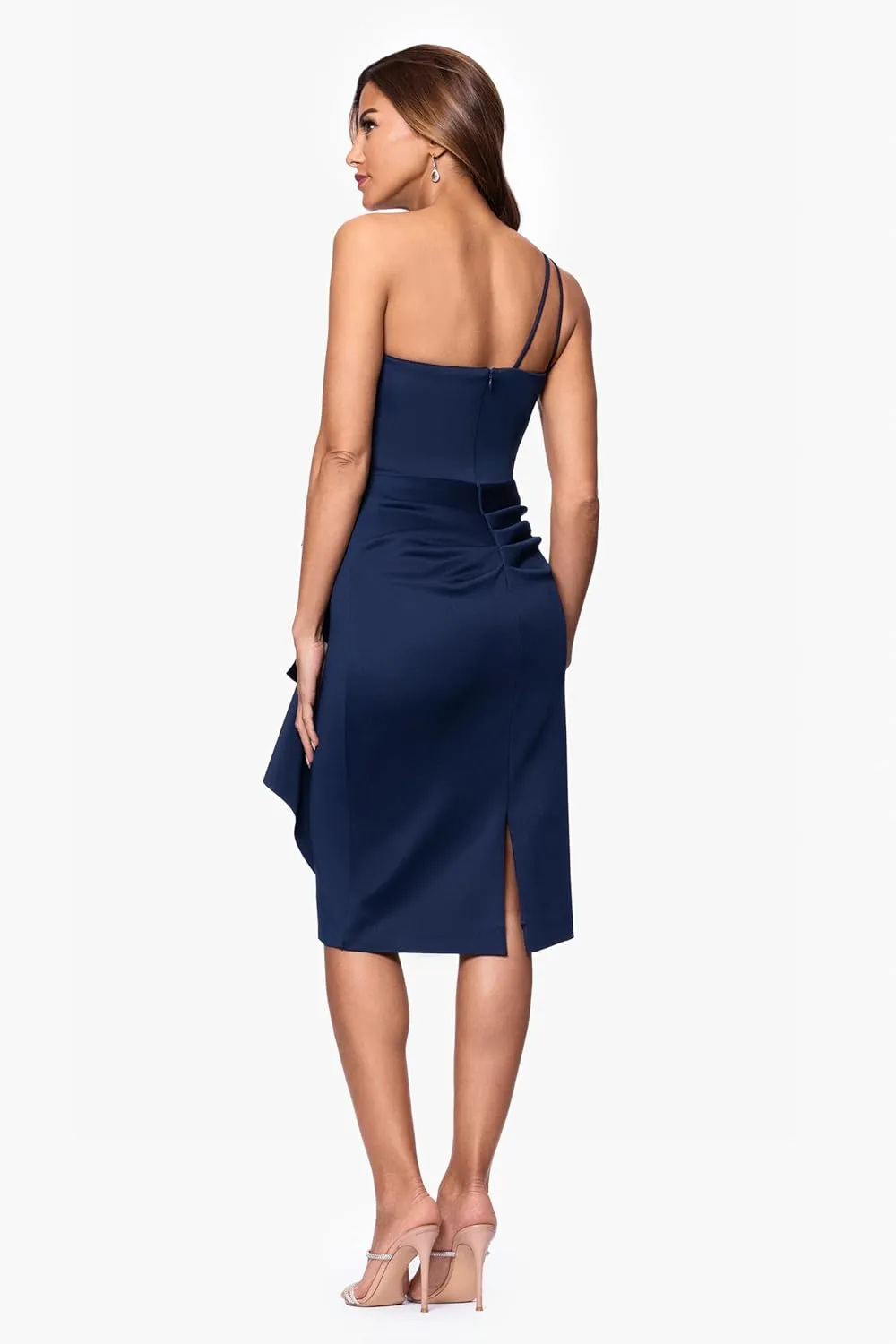 Xscape Women's Sleeveless One Shoulder Scuba Ruffle Midi Dress