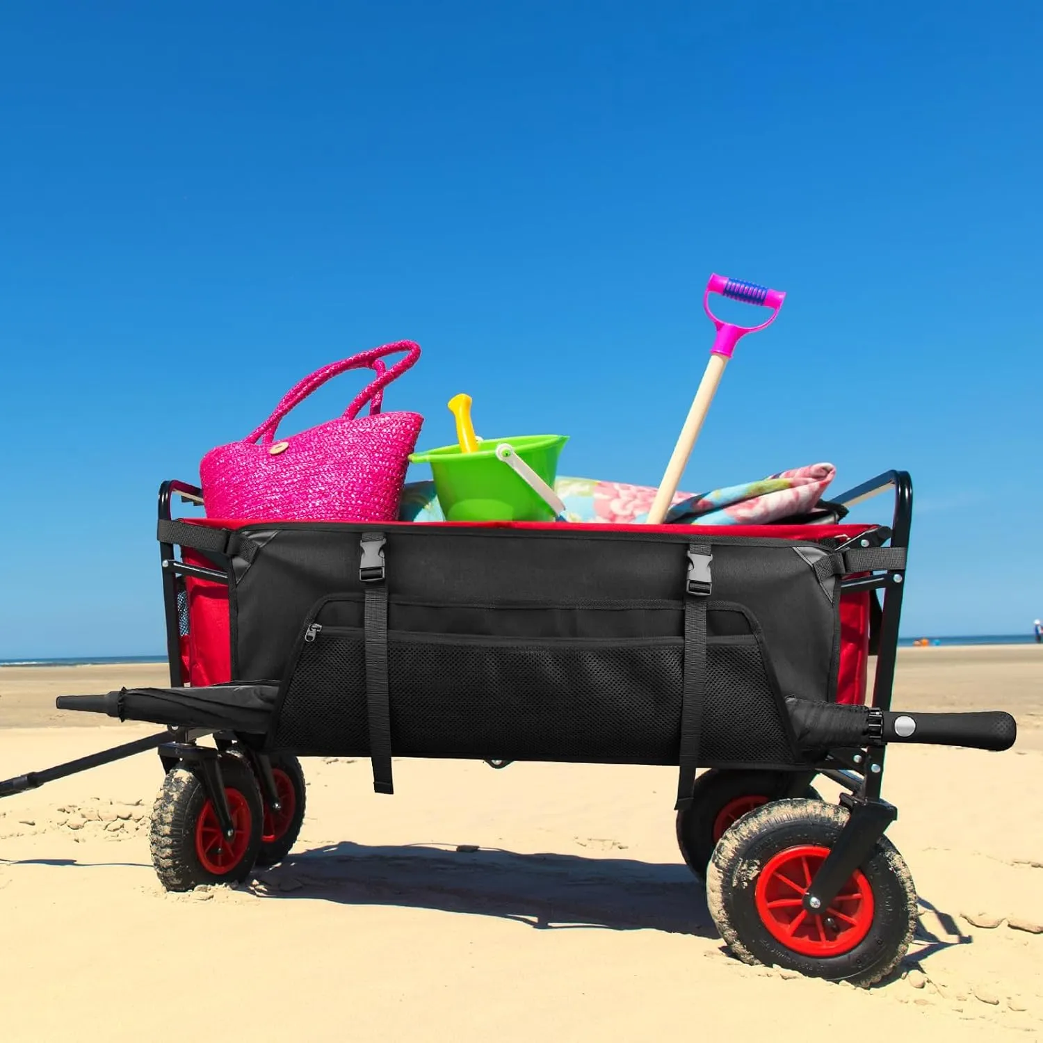 Xxerciz Collapsible Wagon Side Pocket for Umbrella, 900D Oxford Storage Bag with Mesh Pouch for Folding Wagon, Garden Cart Accessories Bag for Camping Garden Sports