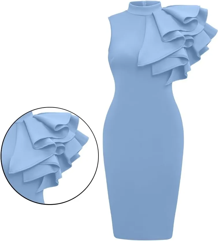 XXTAXN Women's Cocktail Bodycon Ruffle Sleeveless Formal Midi Pencil Dress