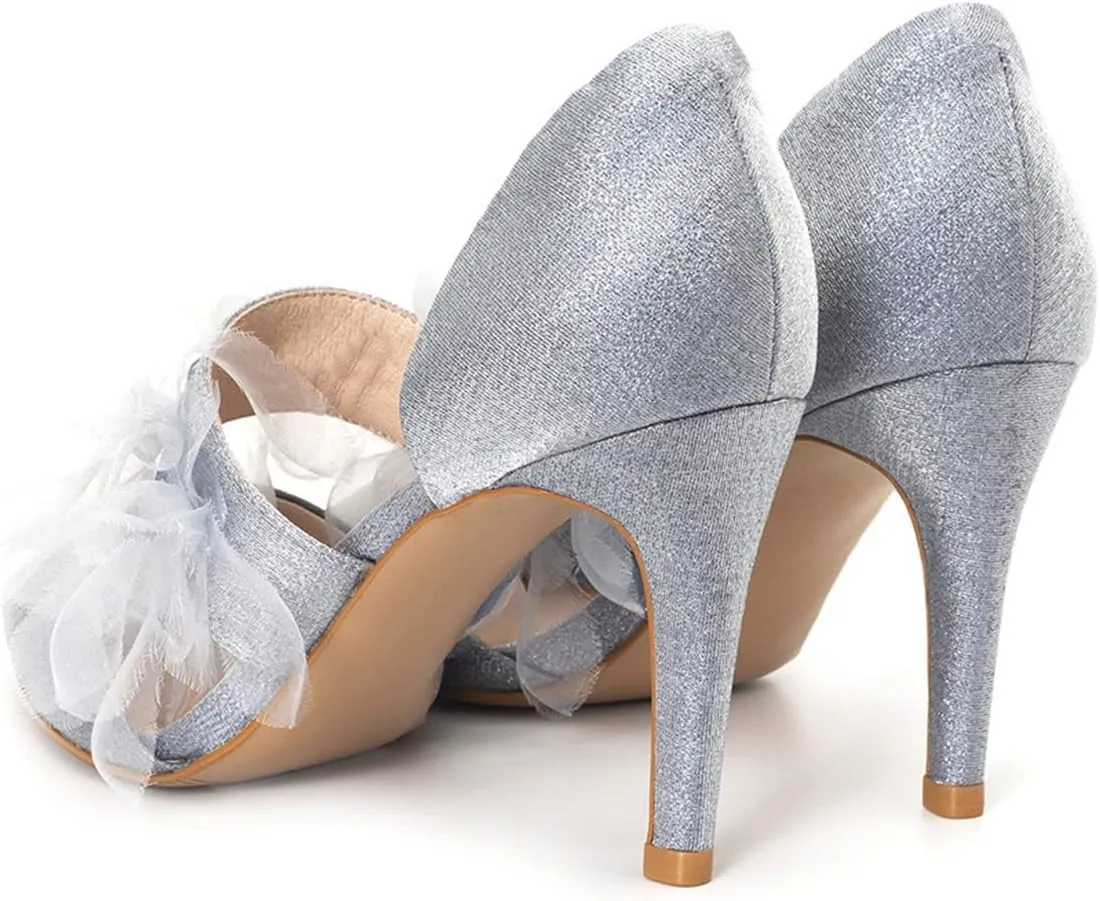 XYD Women's Soft Suede Pointy Toe Vamp Strap with Mesh Ruffle Slip On High Heels Pumps Wedding Bridal Dressy Shoes