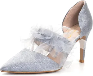 XYD Women's Soft Suede Pointy Toe Vamp Strap with Mesh Ruffle Slip On High Heels Pumps Wedding Bridal Dressy Shoes