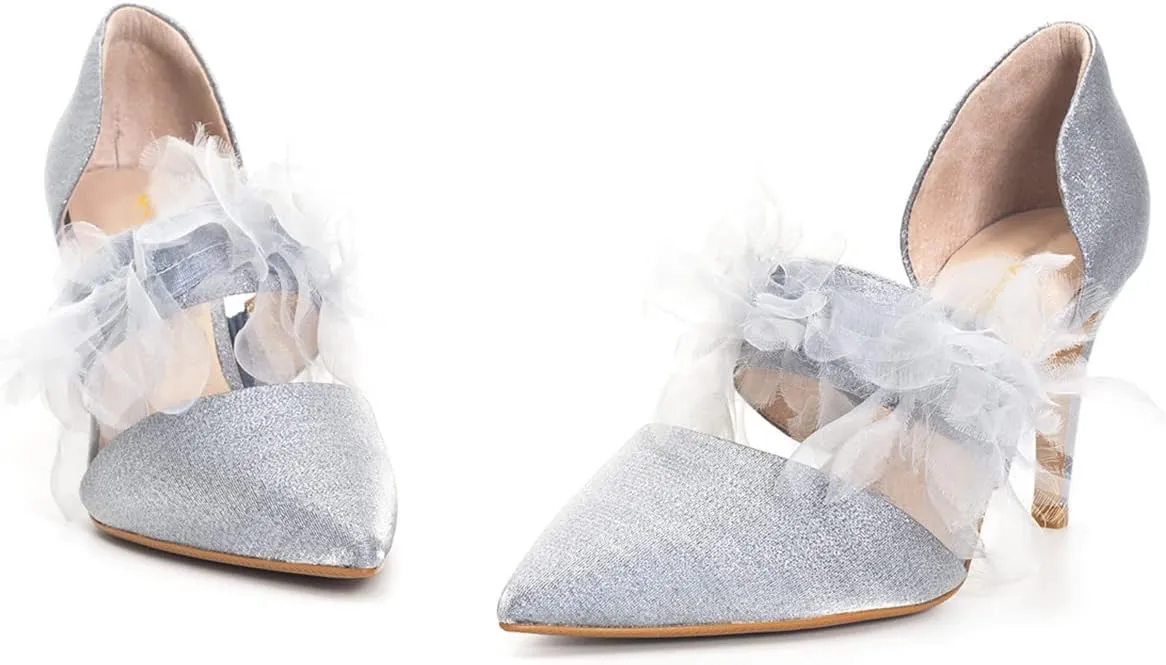 XYD Women's Soft Suede Pointy Toe Vamp Strap with Mesh Ruffle Slip On High Heels Pumps Wedding Bridal Dressy Shoes