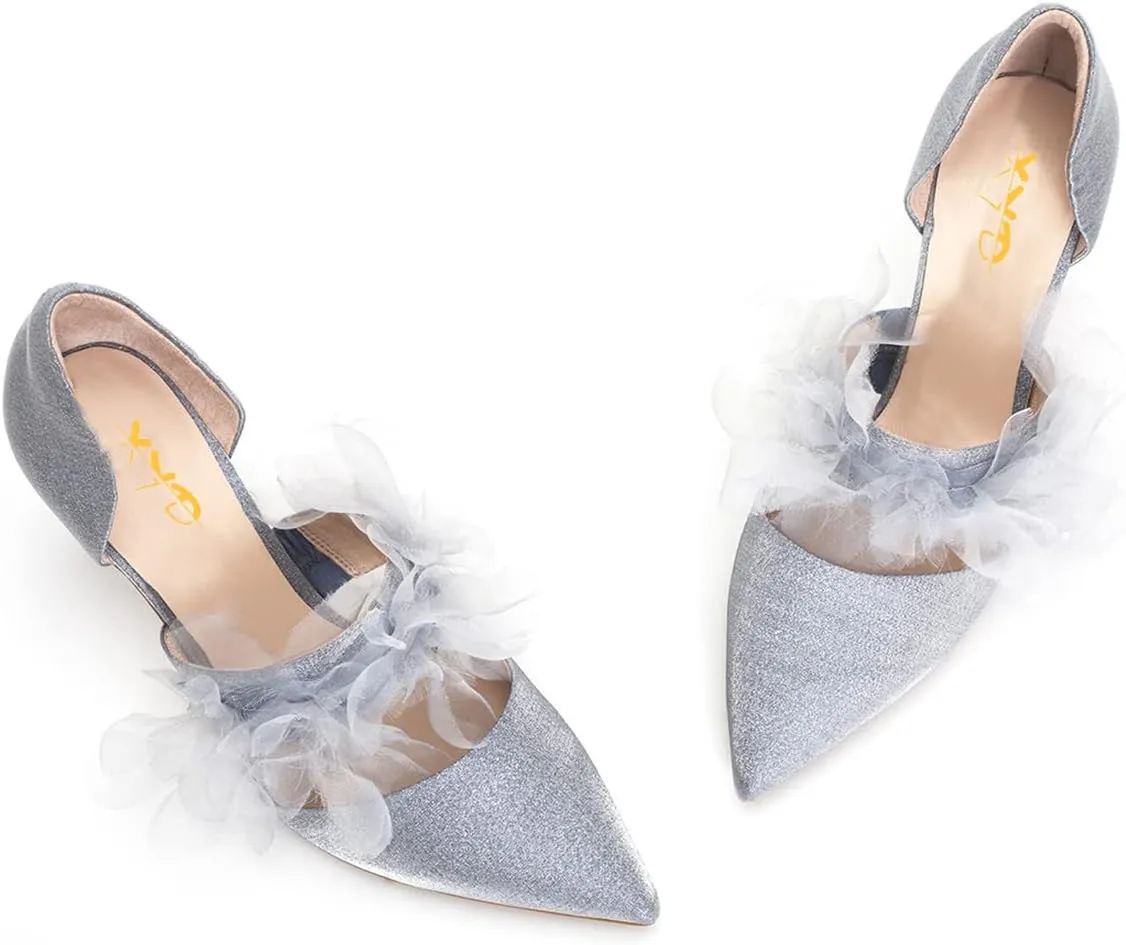 XYD Women's Soft Suede Pointy Toe Vamp Strap with Mesh Ruffle Slip On High Heels Pumps Wedding Bridal Dressy Shoes