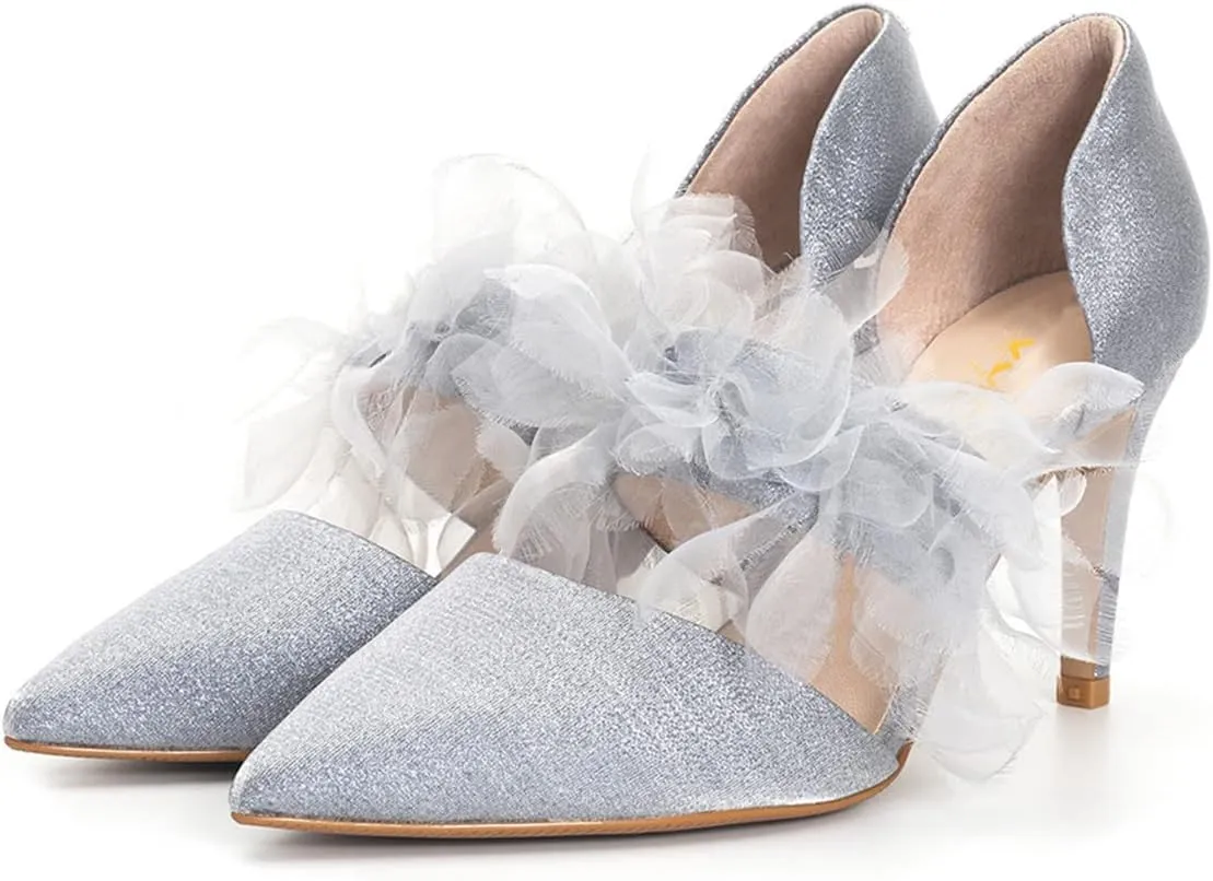 XYD Women's Soft Suede Pointy Toe Vamp Strap with Mesh Ruffle Slip On High Heels Pumps Wedding Bridal Dressy Shoes