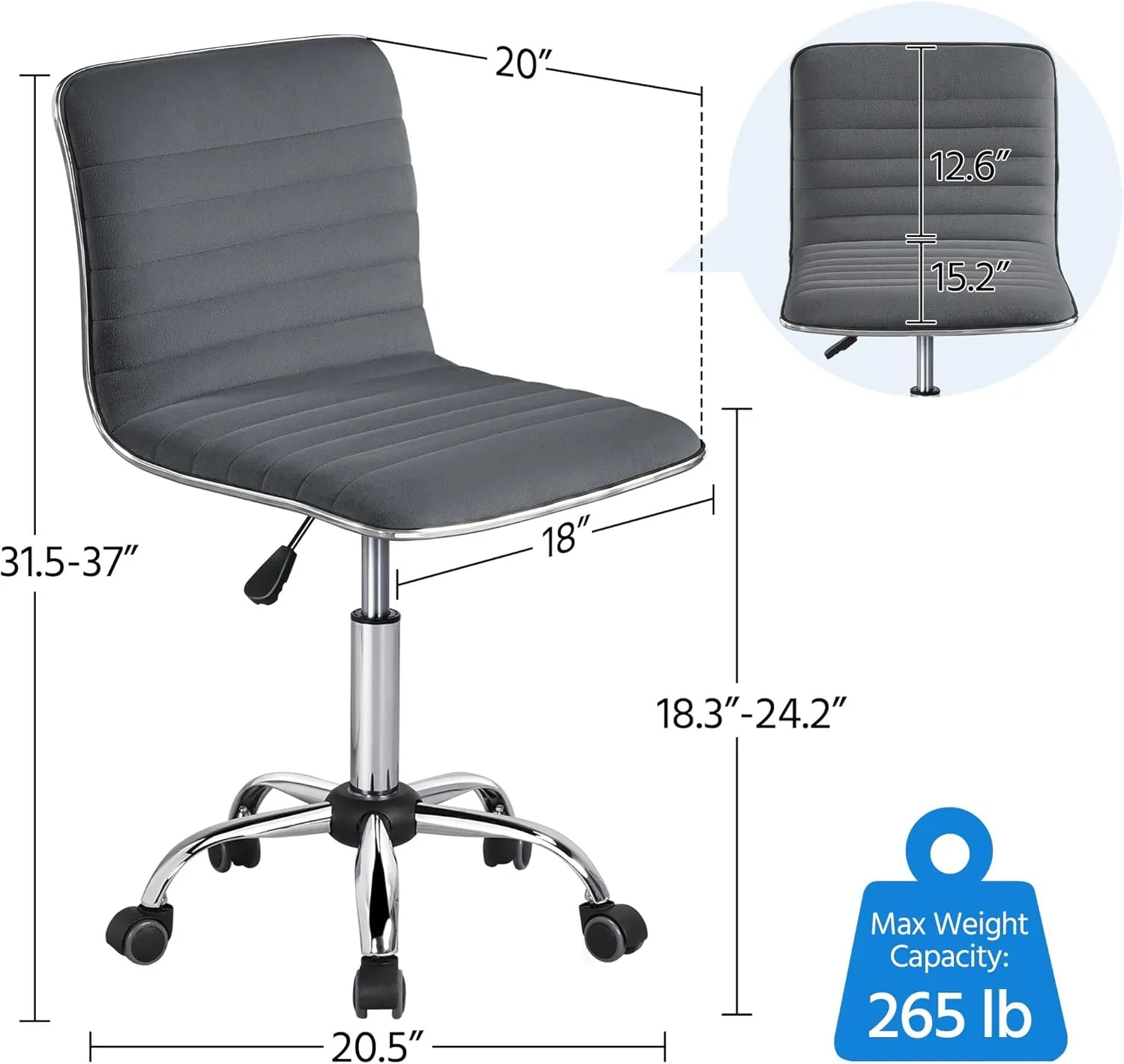 Yaheetech Velvet Low Back Armless Ribbed Office Chair Height Adjustable Swivel Task Chair Dark Gray