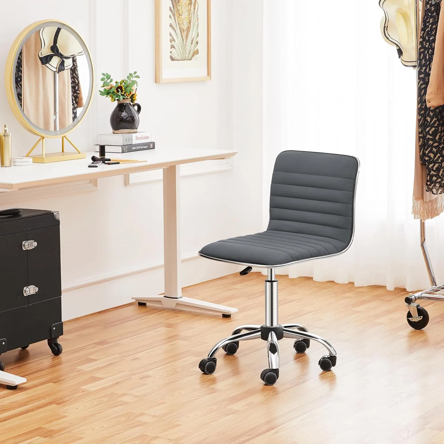 Yaheetech Velvet Low Back Armless Ribbed Office Chair Height Adjustable Swivel Task Chair Dark Gray