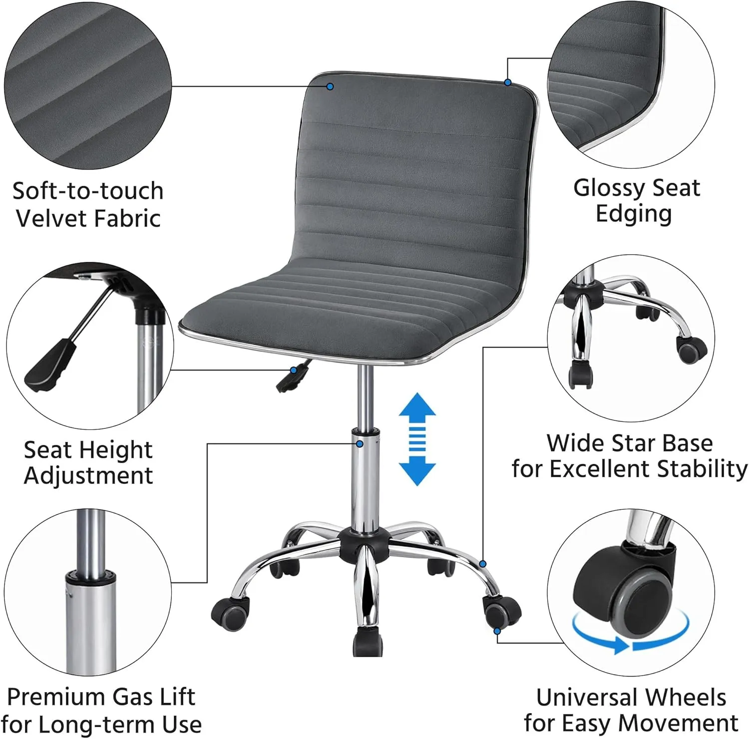 Yaheetech Velvet Low Back Armless Ribbed Office Chair Height Adjustable Swivel Task Chair Dark Gray