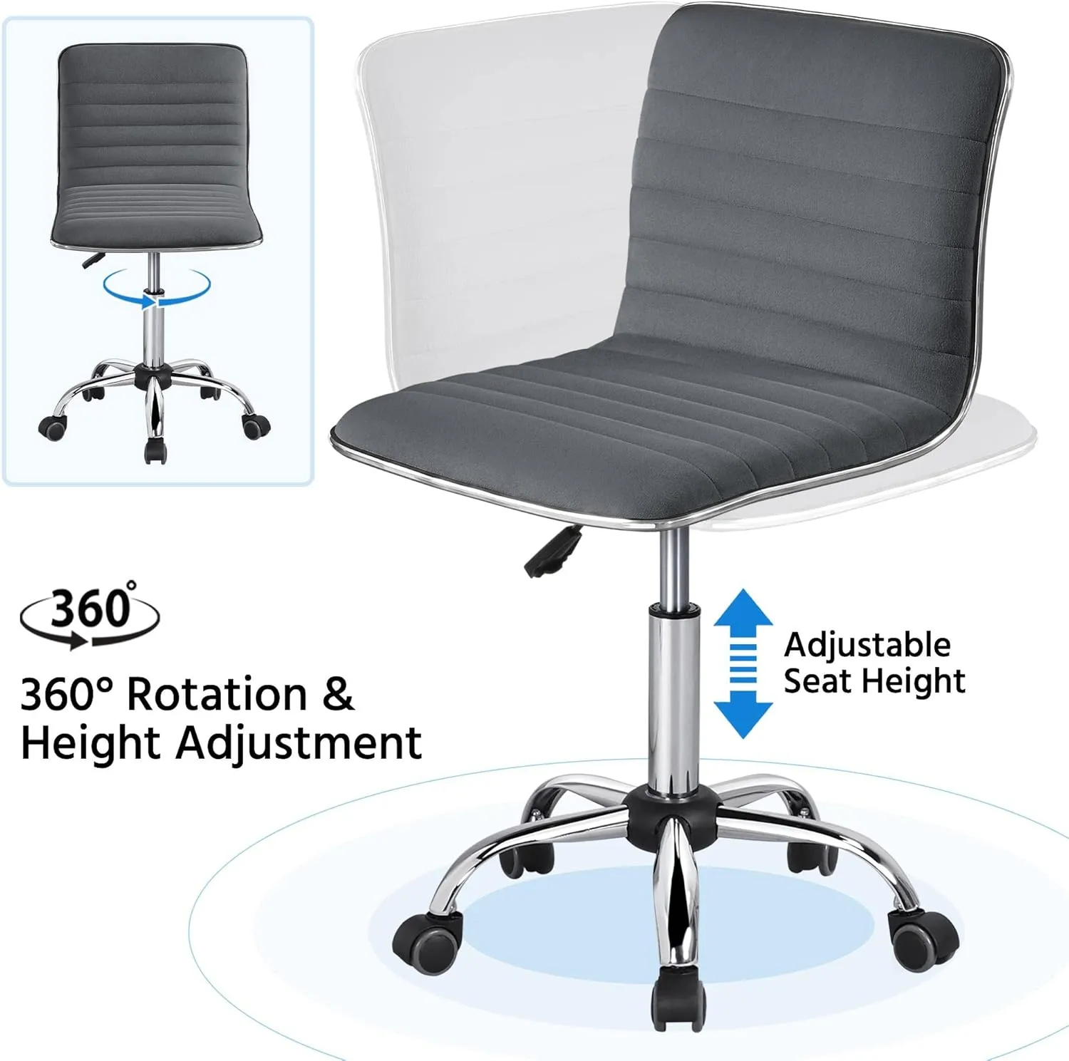 Yaheetech Velvet Low Back Armless Ribbed Office Chair Height Adjustable Swivel Task Chair Dark Gray