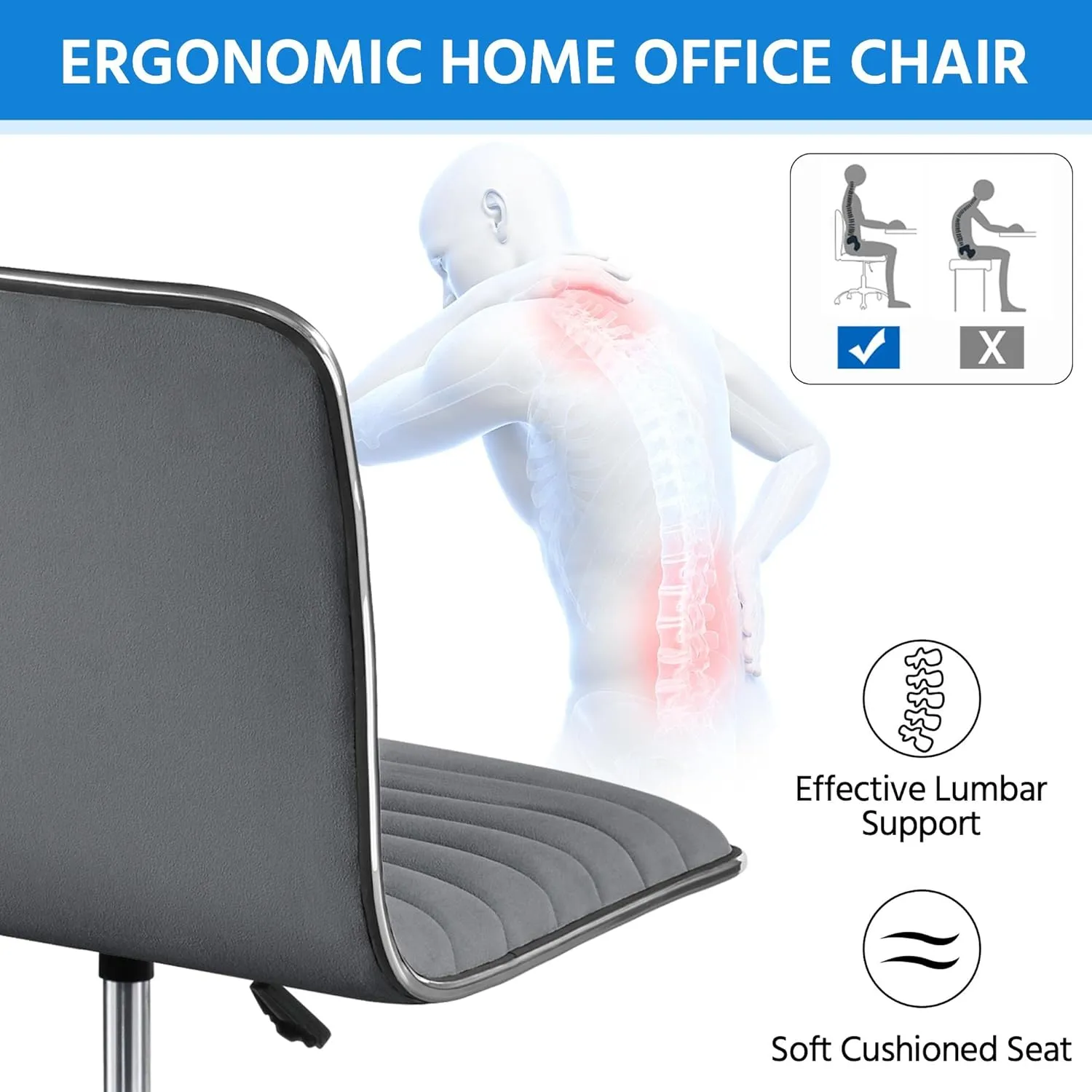 Yaheetech Velvet Low Back Armless Ribbed Office Chair Height Adjustable Swivel Task Chair Dark Gray