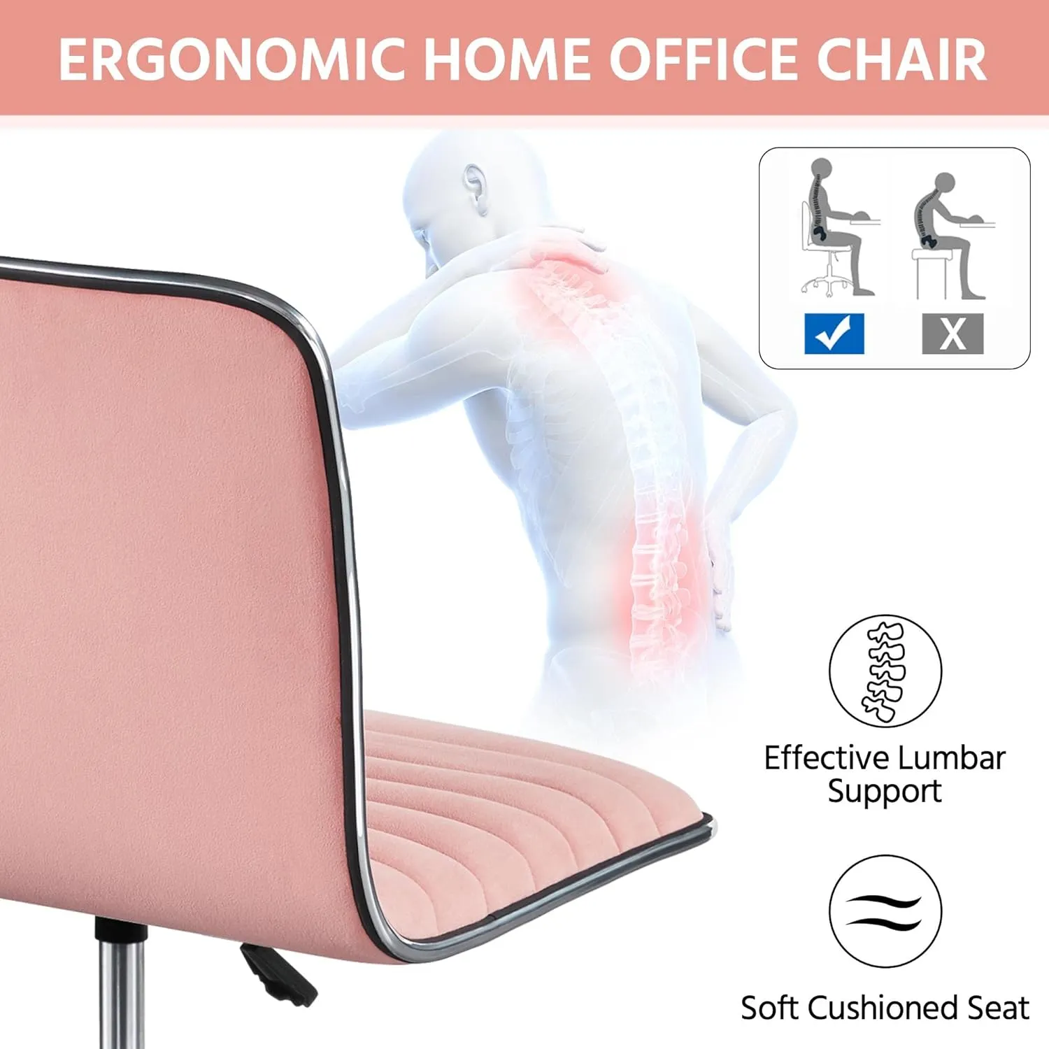 Yaheetech Velvet Low Back Armless Ribbed Vanity Chair Height Adjustable Swivel Task Office Chair, Apricot Pink