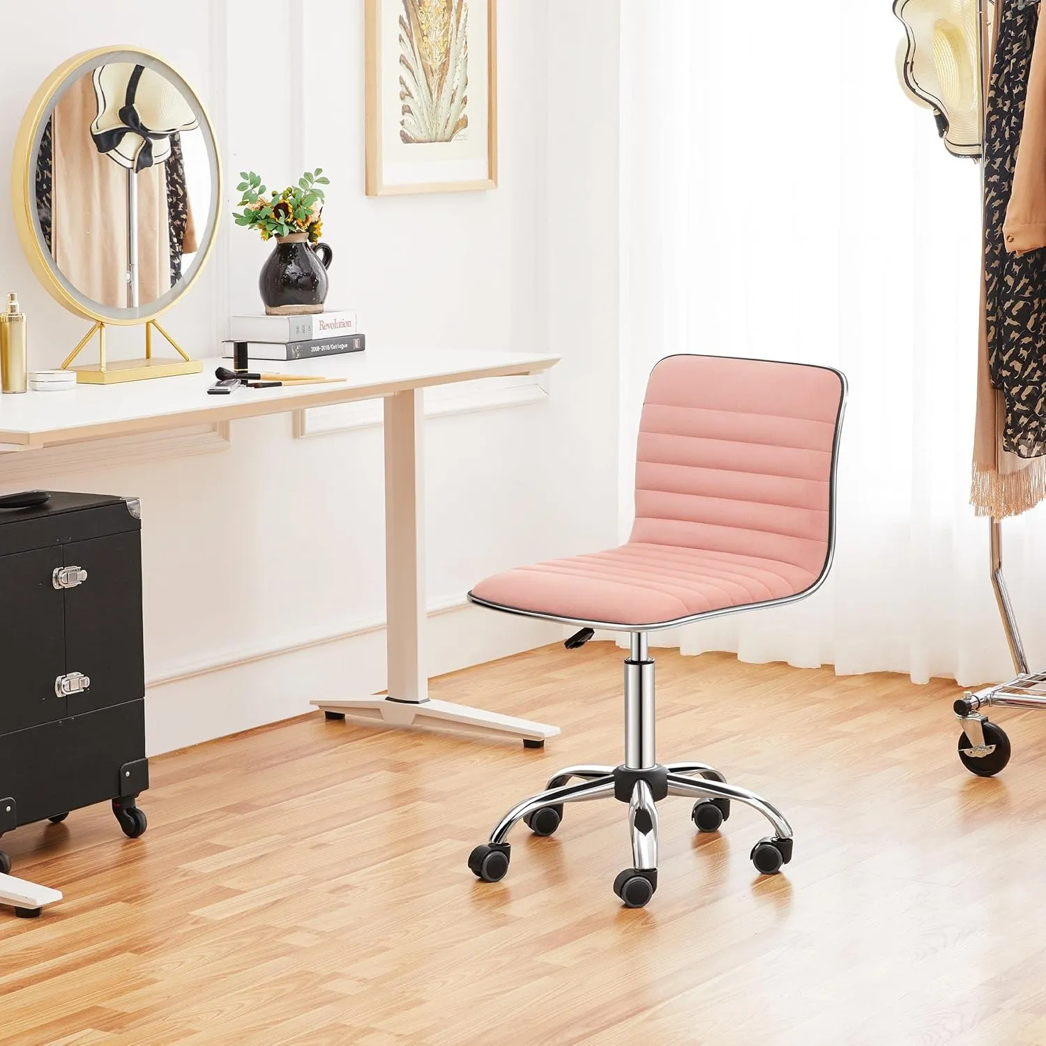 Yaheetech Velvet Low Back Armless Ribbed Vanity Chair Height Adjustable Swivel Task Office Chair, Apricot Pink