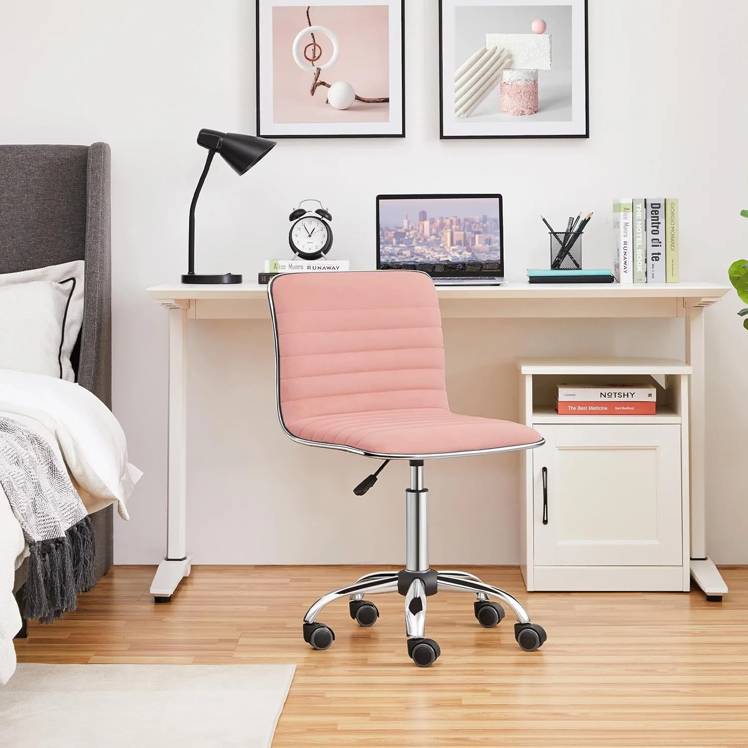 Yaheetech Velvet Low Back Armless Ribbed Vanity Chair Height Adjustable Swivel Task Office Chair, Apricot Pink