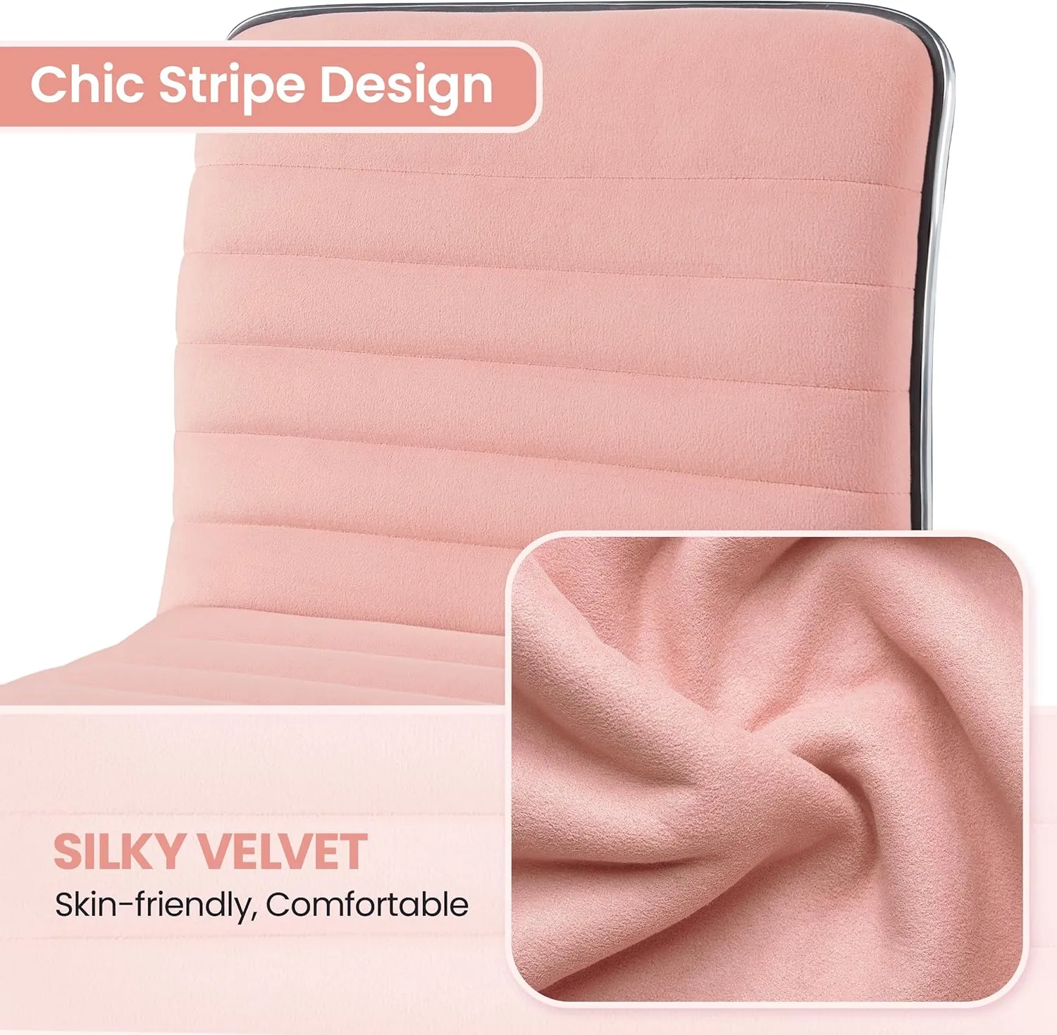 Yaheetech Velvet Low Back Armless Ribbed Vanity Chair Height Adjustable Swivel Task Office Chair, Apricot Pink