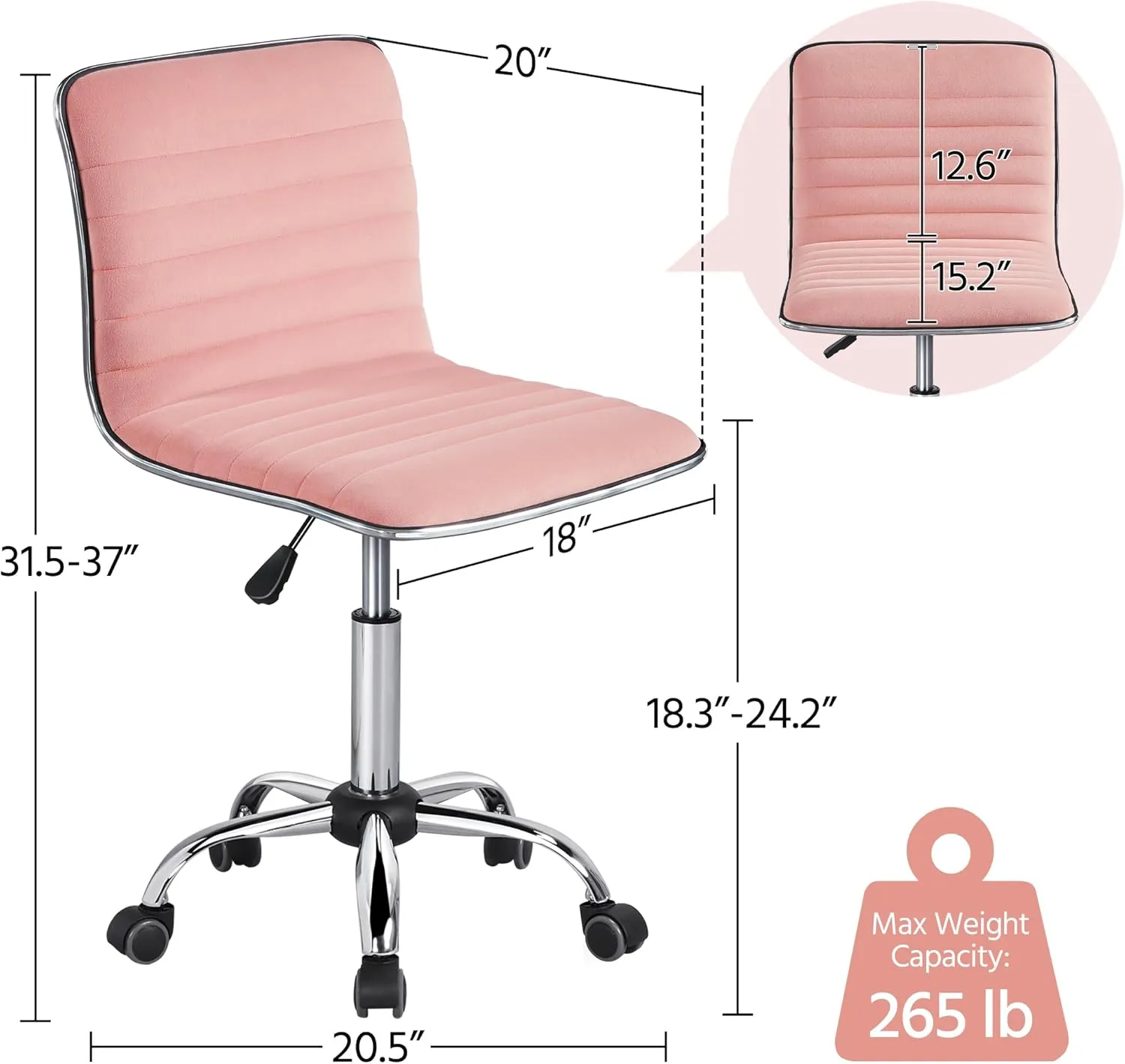 Yaheetech Velvet Low Back Armless Ribbed Vanity Chair Height Adjustable Swivel Task Office Chair, Apricot Pink