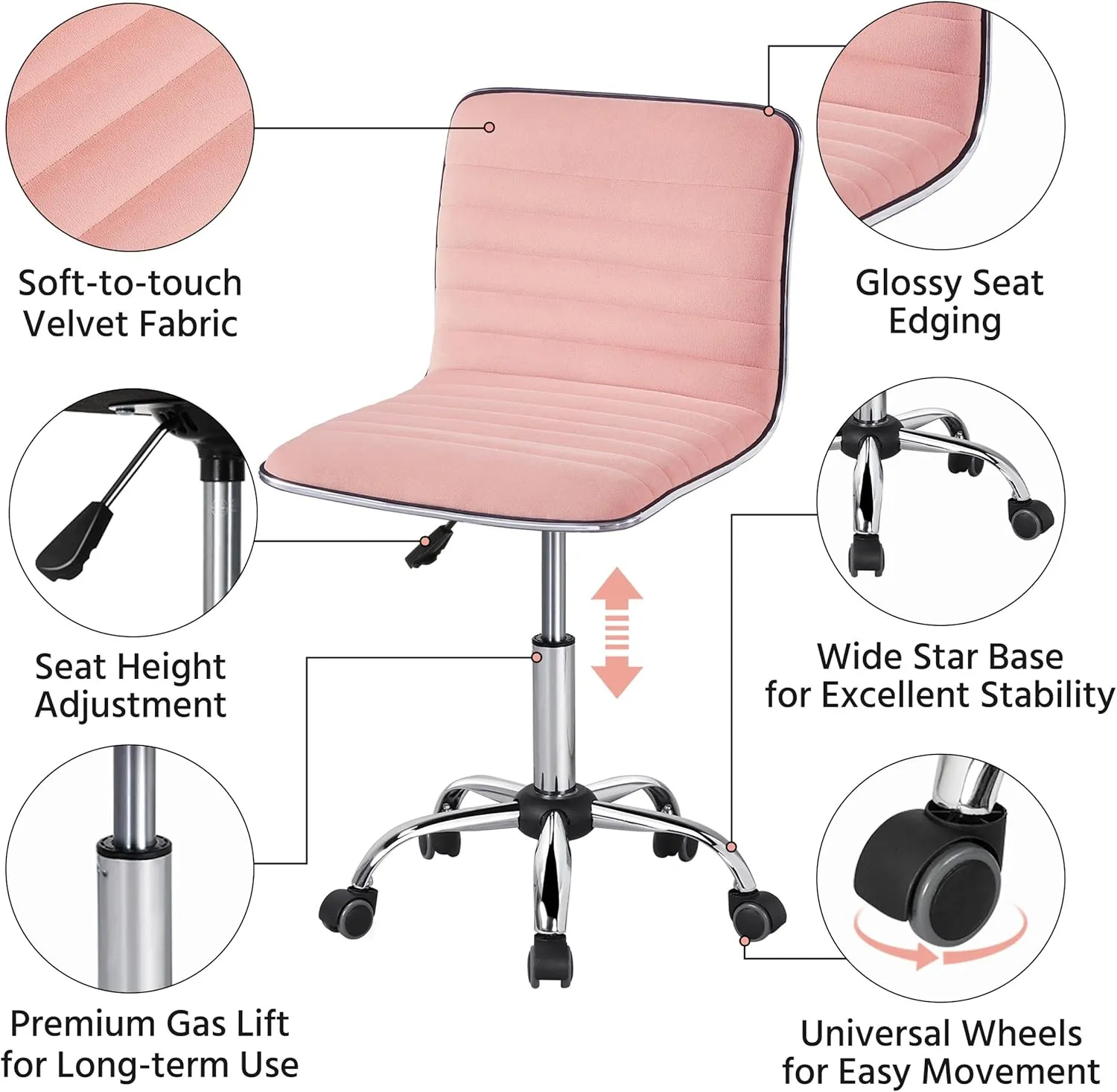 Yaheetech Velvet Low Back Armless Ribbed Vanity Chair Height Adjustable Swivel Task Office Chair, Apricot Pink