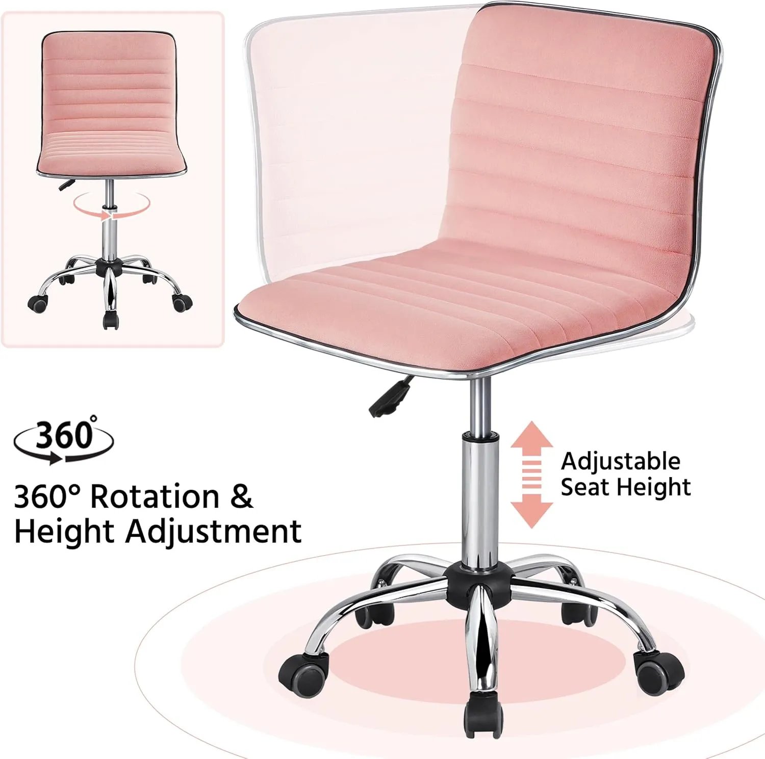 Yaheetech Velvet Low Back Armless Ribbed Vanity Chair Height Adjustable Swivel Task Office Chair, Apricot Pink