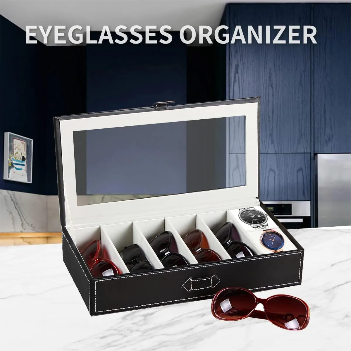 YAPISHI Sunglass Organizer with 7 Slots,Leather Glasses Organizer,Sunglasses Tray with Clear Lid,Men's/Women's Sunglasses Box,Sunglass Case,Eyeglass/Eyewear Display Tray