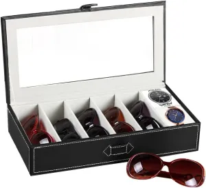 YAPISHI Sunglass Organizer with 7 Slots,Leather Glasses Organizer,Sunglasses Tray with Clear Lid,Men's/Women's Sunglasses Box,Sunglass Case,Eyeglass/Eyewear Display Tray