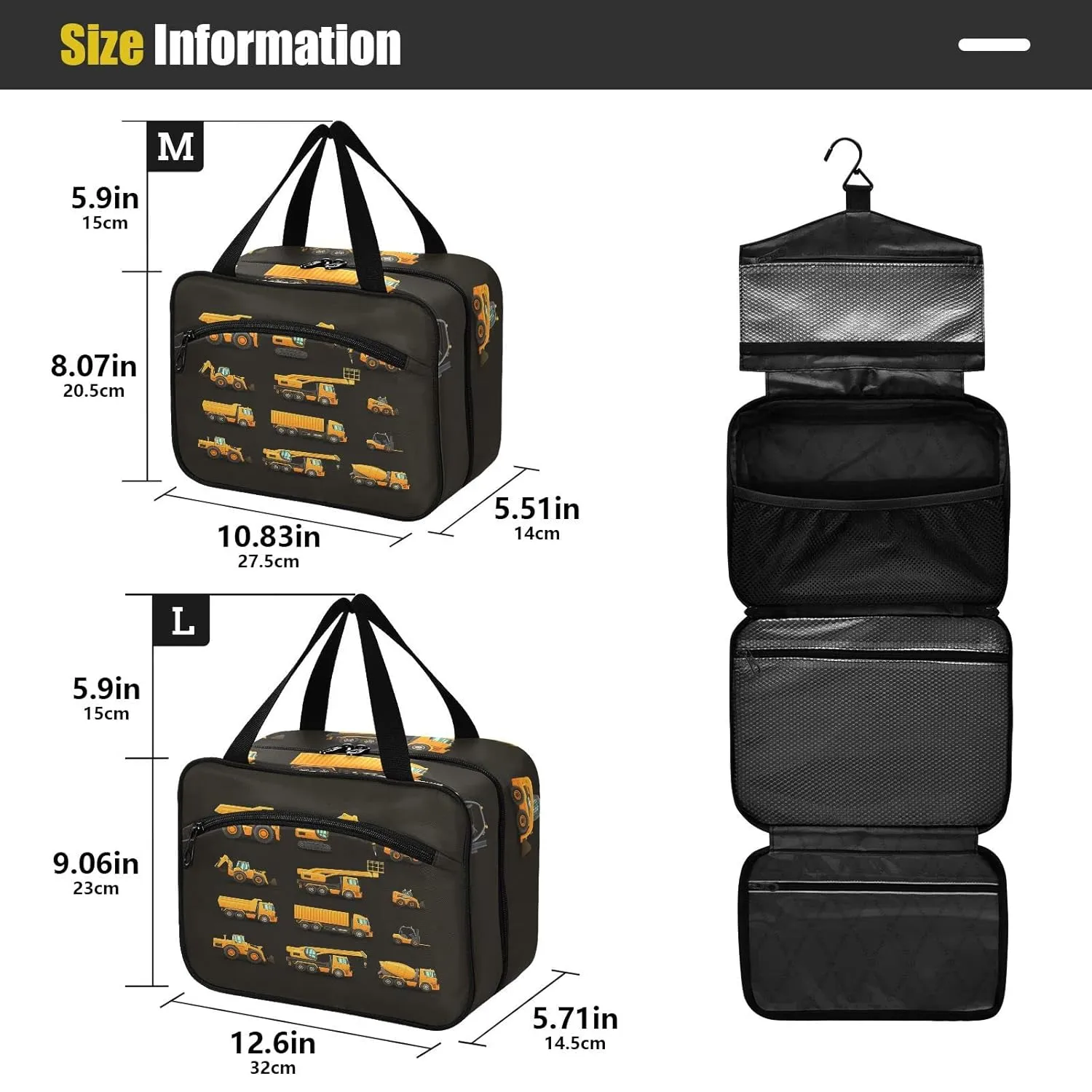 Yellow Construction Machinery Trucks, Crane, Loader, Bulldozer 1 PC Hanging Travel Wash bag with Handles, Portable Makeup Organizer Brush Storage Case Portable Travel Cosmetic with Hook L