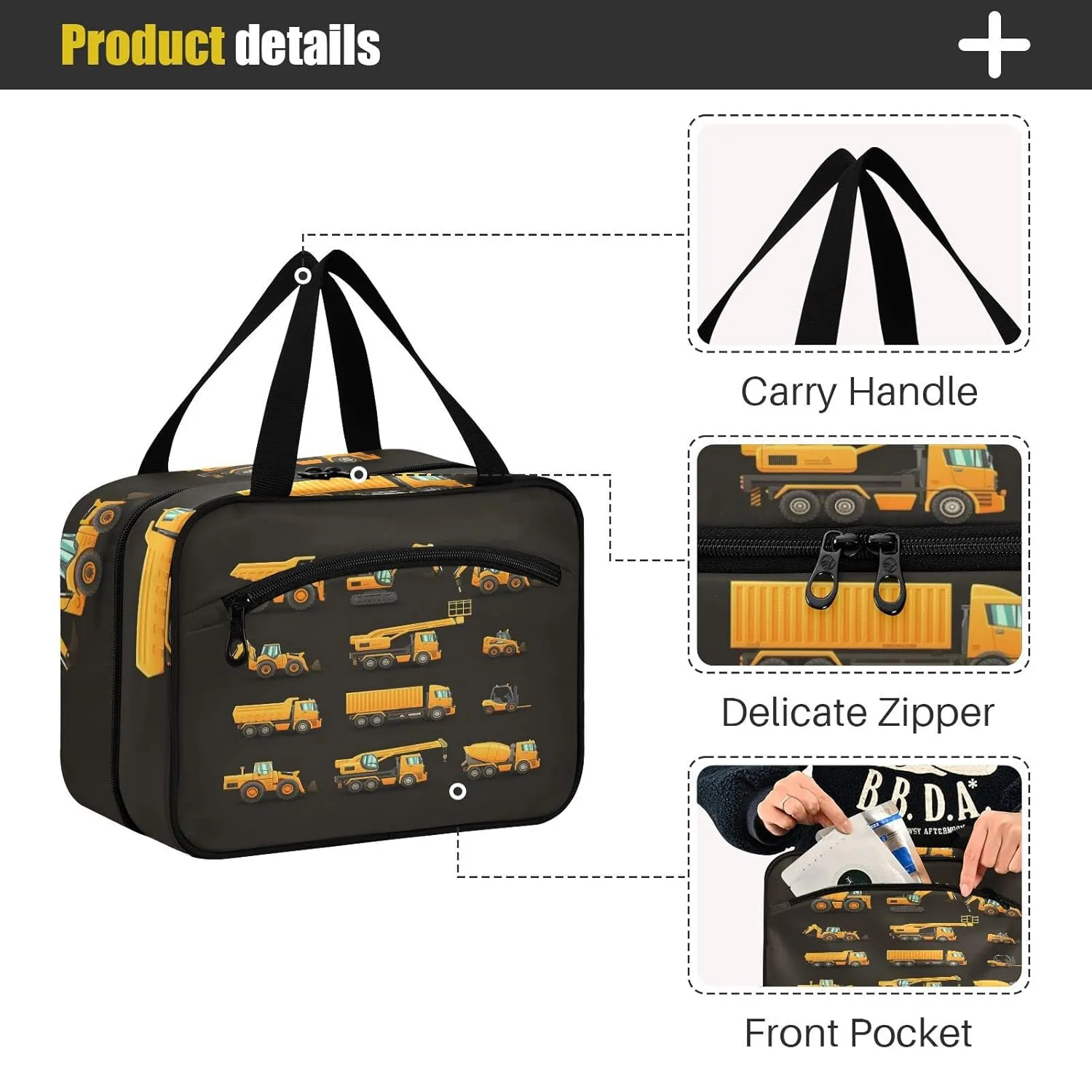 Yellow Construction Machinery Trucks, Crane, Loader, Bulldozer 1 PC Hanging Travel Wash bag with Handles, Portable Makeup Organizer Brush Storage Case Portable Travel Cosmetic with Hook L