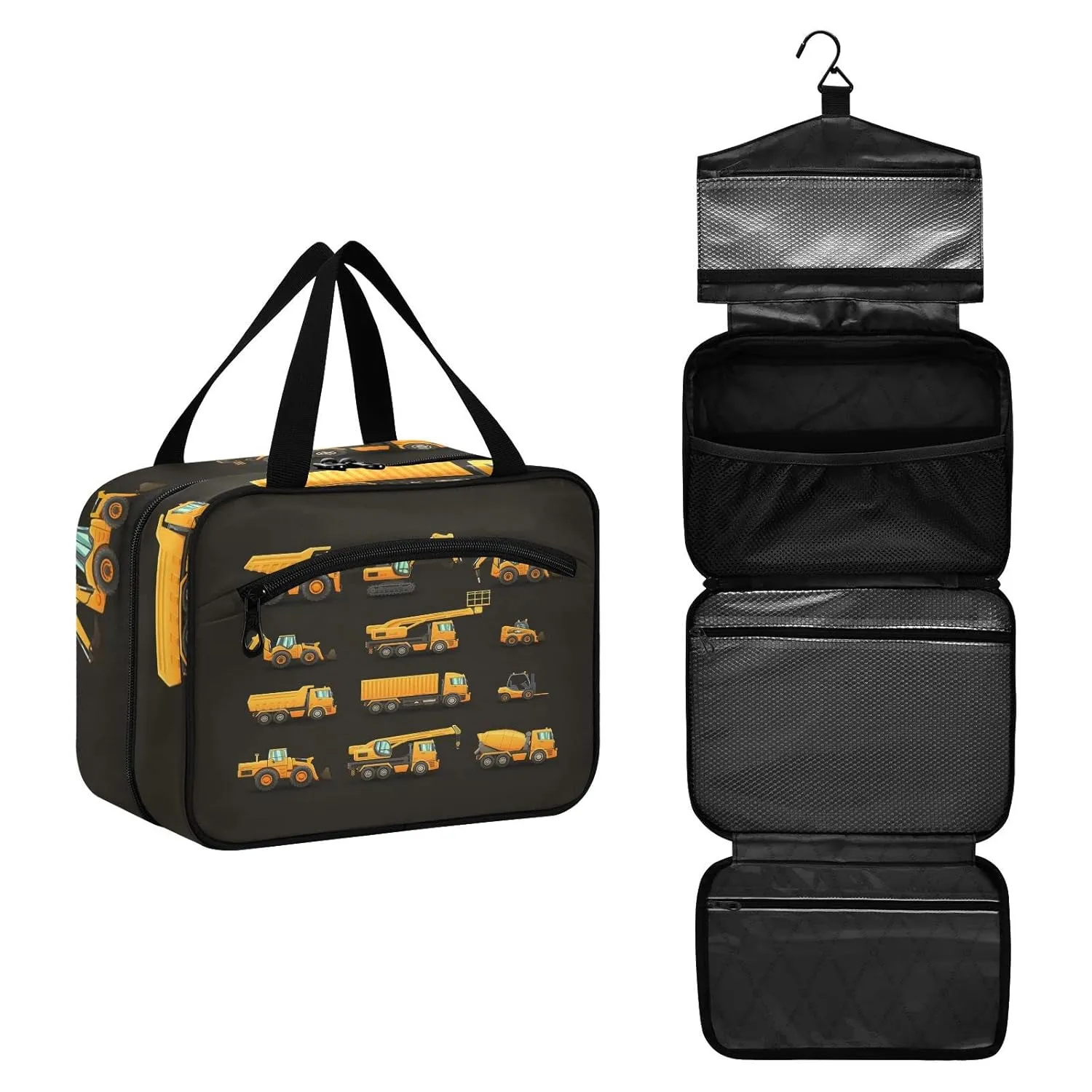 Yellow Construction Machinery Trucks, Crane, Loader, Bulldozer 1 PC Hanging Travel Wash bag with Handles, Portable Makeup Organizer Brush Storage Case Portable Travel Cosmetic with Hook L