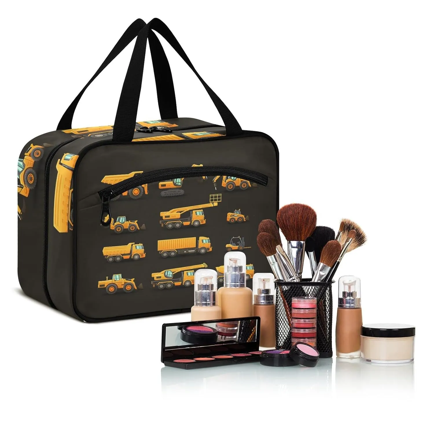Yellow Construction Machinery Trucks, Crane, Loader, Bulldozer 1 PC Hanging Travel Wash bag with Handles, Portable Makeup Organizer Brush Storage Case Portable Travel Cosmetic with Hook L