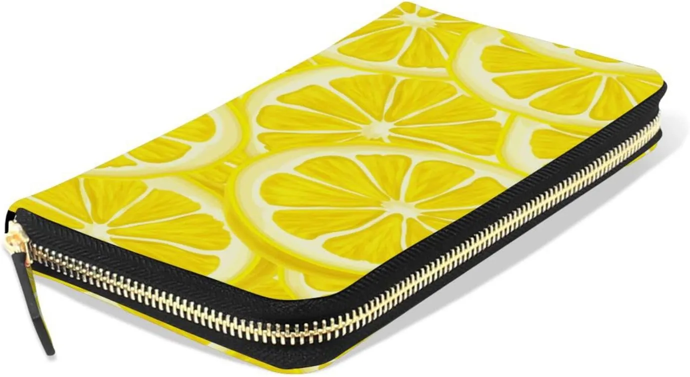 Yellow Seamless Ripe Juicy Sliced Lemons Pattern Background Leather Long Wallet Organizer with Zipper Purse Clutch Bag for Women Men Key Card Coin Passport Checkbook 8 x 4 inch