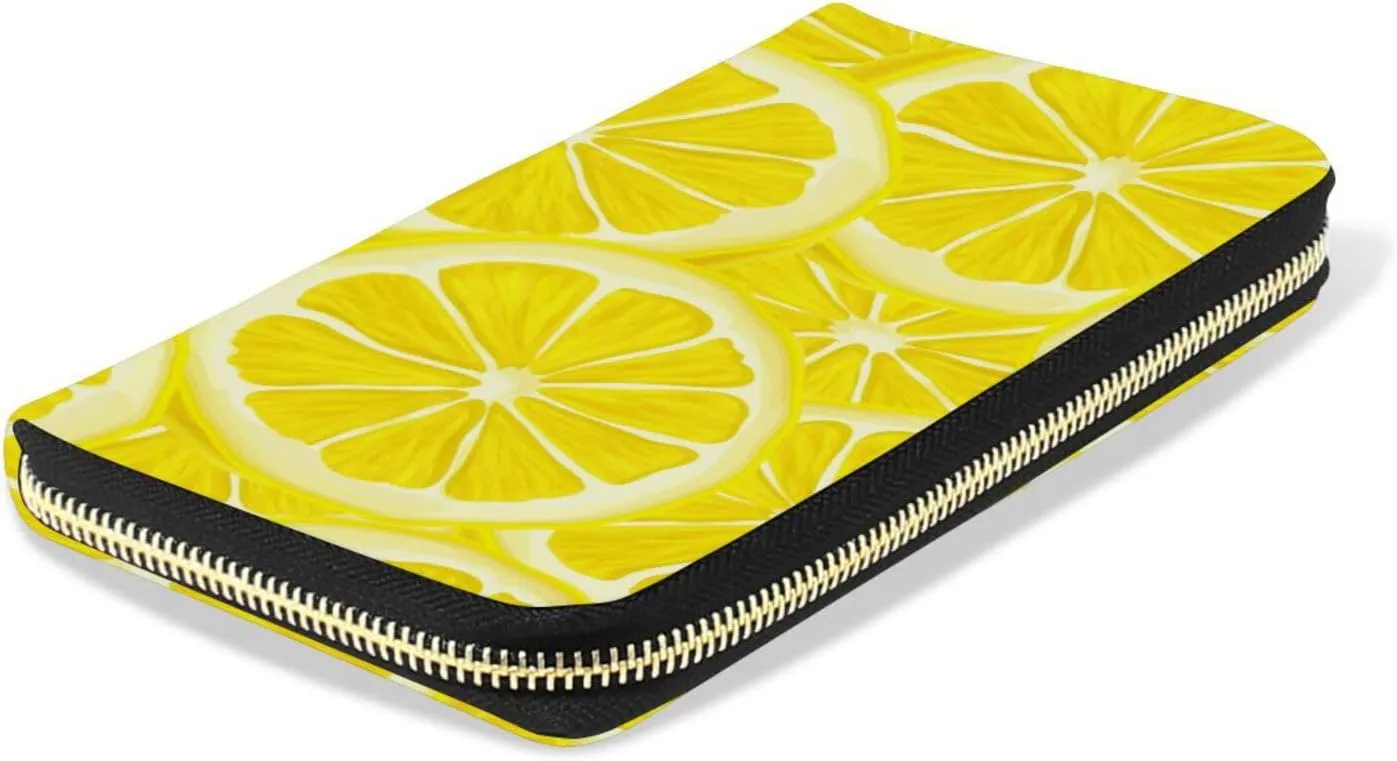 Yellow Seamless Ripe Juicy Sliced Lemons Pattern Background Leather Long Wallet Organizer with Zipper Purse Clutch Bag for Women Men Key Card Coin Passport Checkbook 8 x 4 inch