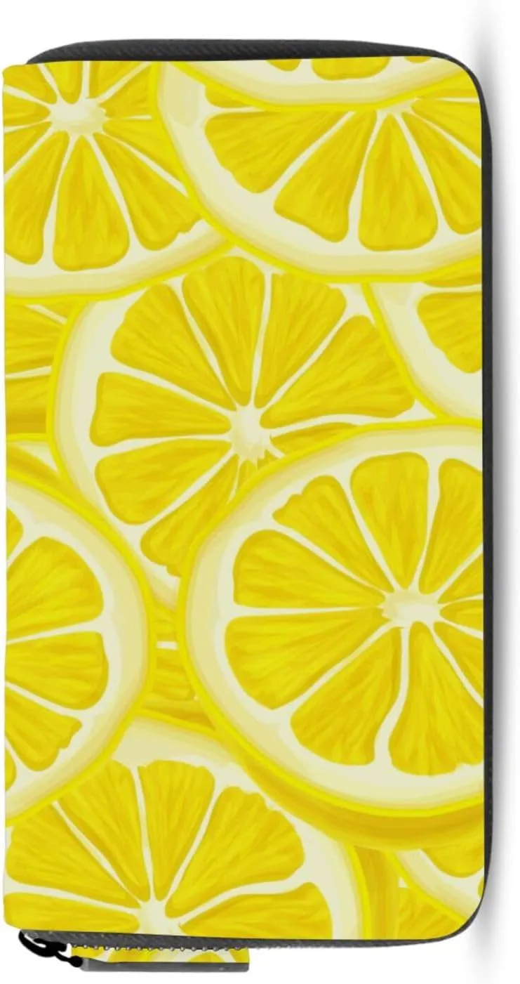 Yellow Seamless Ripe Juicy Sliced Lemons Pattern Background Leather Long Wallet Organizer with Zipper Purse Clutch Bag for Women Men Key Card Coin Passport Checkbook 8 x 4 inch
