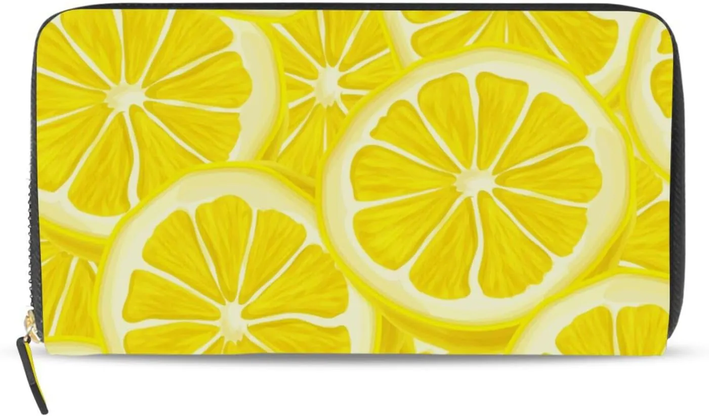 Yellow Seamless Ripe Juicy Sliced Lemons Pattern Background Leather Long Wallet Organizer with Zipper Purse Clutch Bag for Women Men Key Card Coin Passport Checkbook 8 x 4 inch