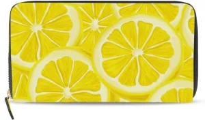 Yellow Seamless Ripe Juicy Sliced Lemons Pattern Background Leather Long Wallet Organizer with Zipper Purse Clutch Bag for Women Men Key Card Coin Passport Checkbook 8 x 4 inch