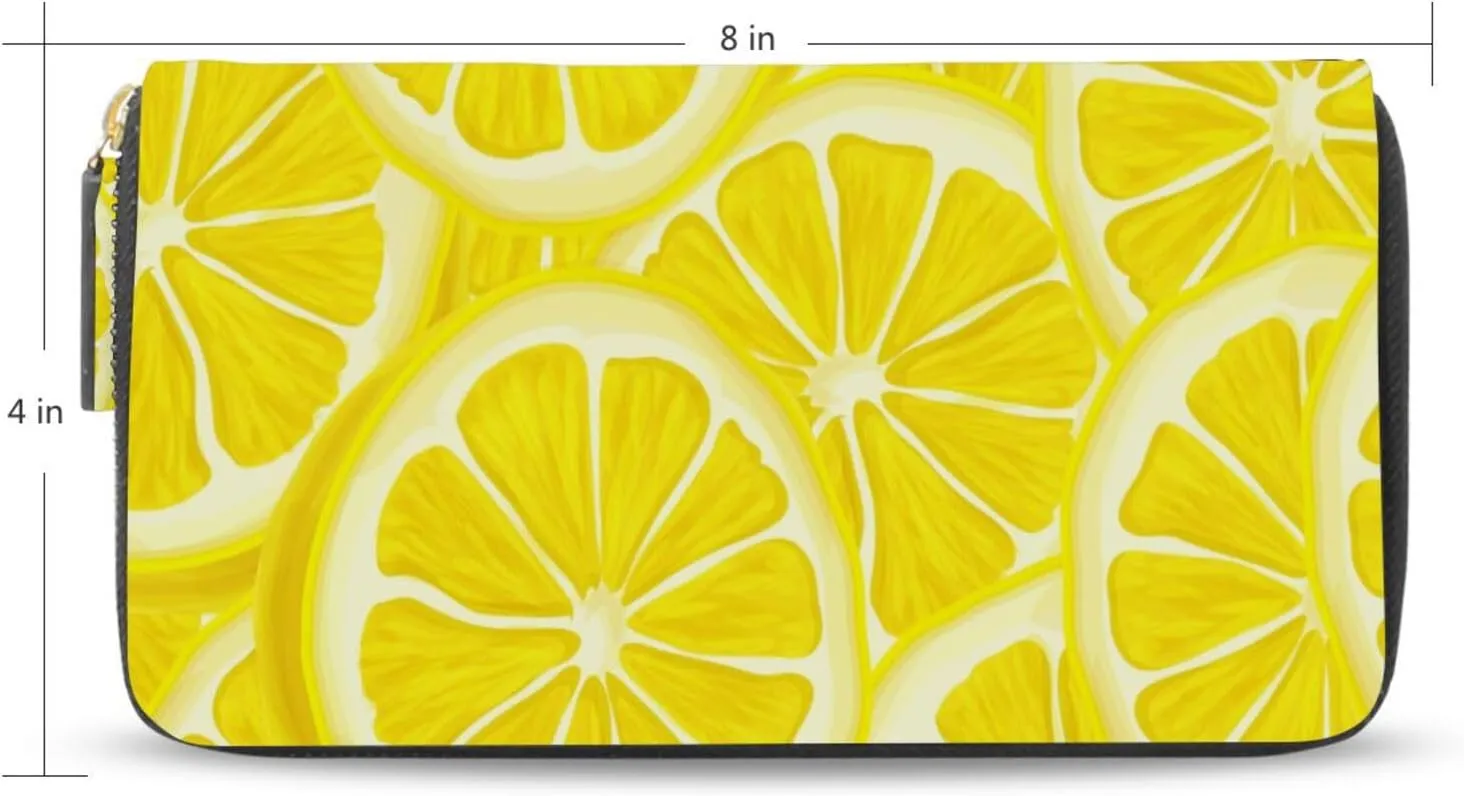 Yellow Seamless Ripe Juicy Sliced Lemons Pattern Background Leather Long Wallet Organizer with Zipper Purse Clutch Bag for Women Men Key Card Coin Passport Checkbook 8 x 4 inch