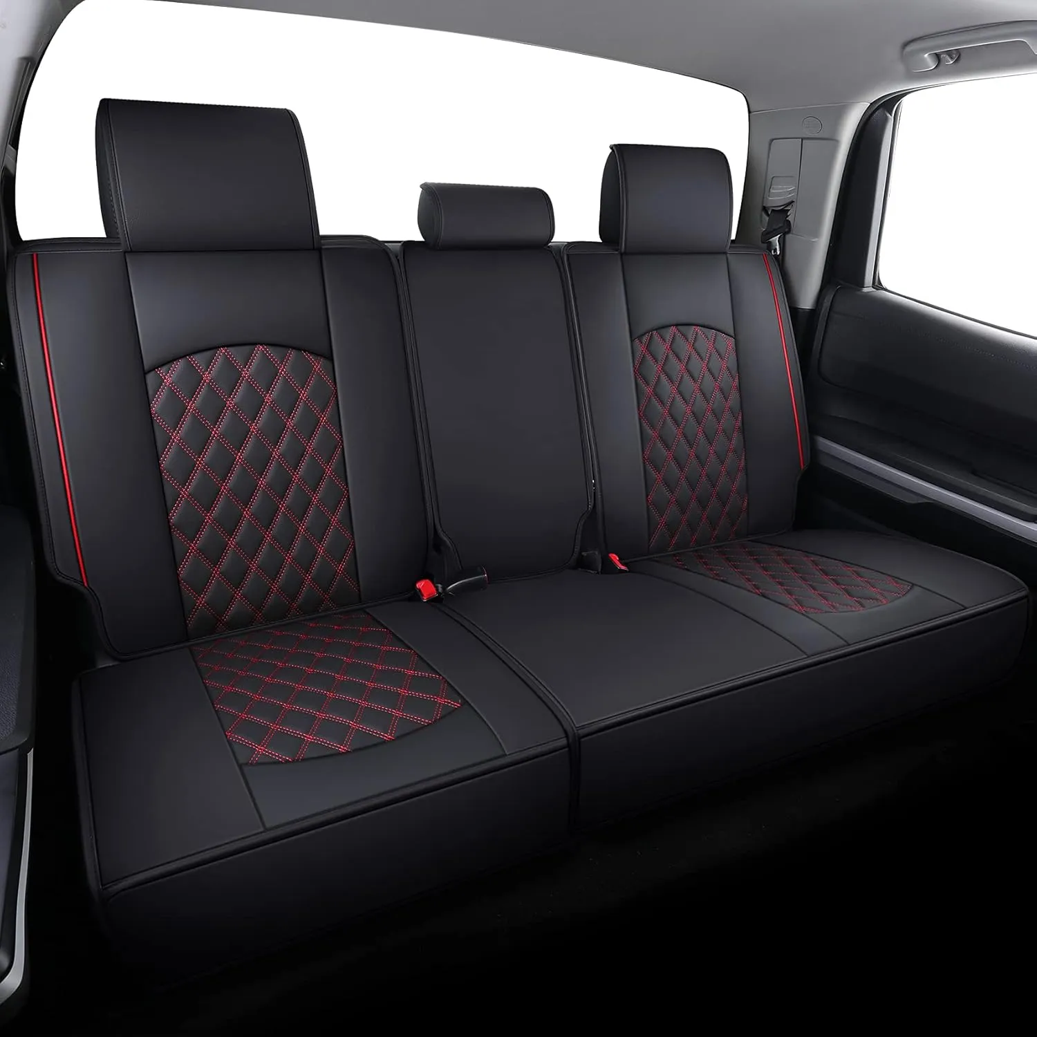 YIERTAI Trucks Seat Covers Compatible with 2008-2023 2024 2025 Toyota Tundra SR5 Crewmax Double Cab Crew Extended Cab Pickup Waterproof Leather Seat Protectors(5 PCS Full Set/Black-Red)