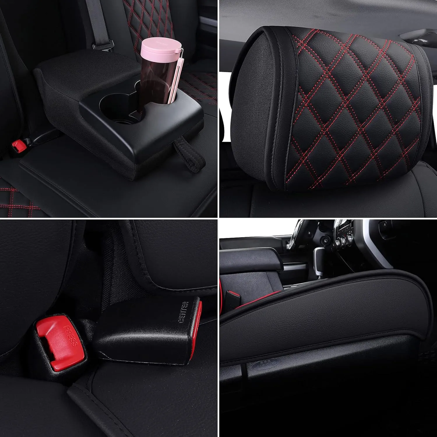 YIERTAI Trucks Seat Covers Compatible with 2008-2023 2024 2025 Toyota Tundra SR5 Crewmax Double Cab Crew Extended Cab Pickup Waterproof Leather Seat Protectors(5 PCS Full Set/Black-Red)