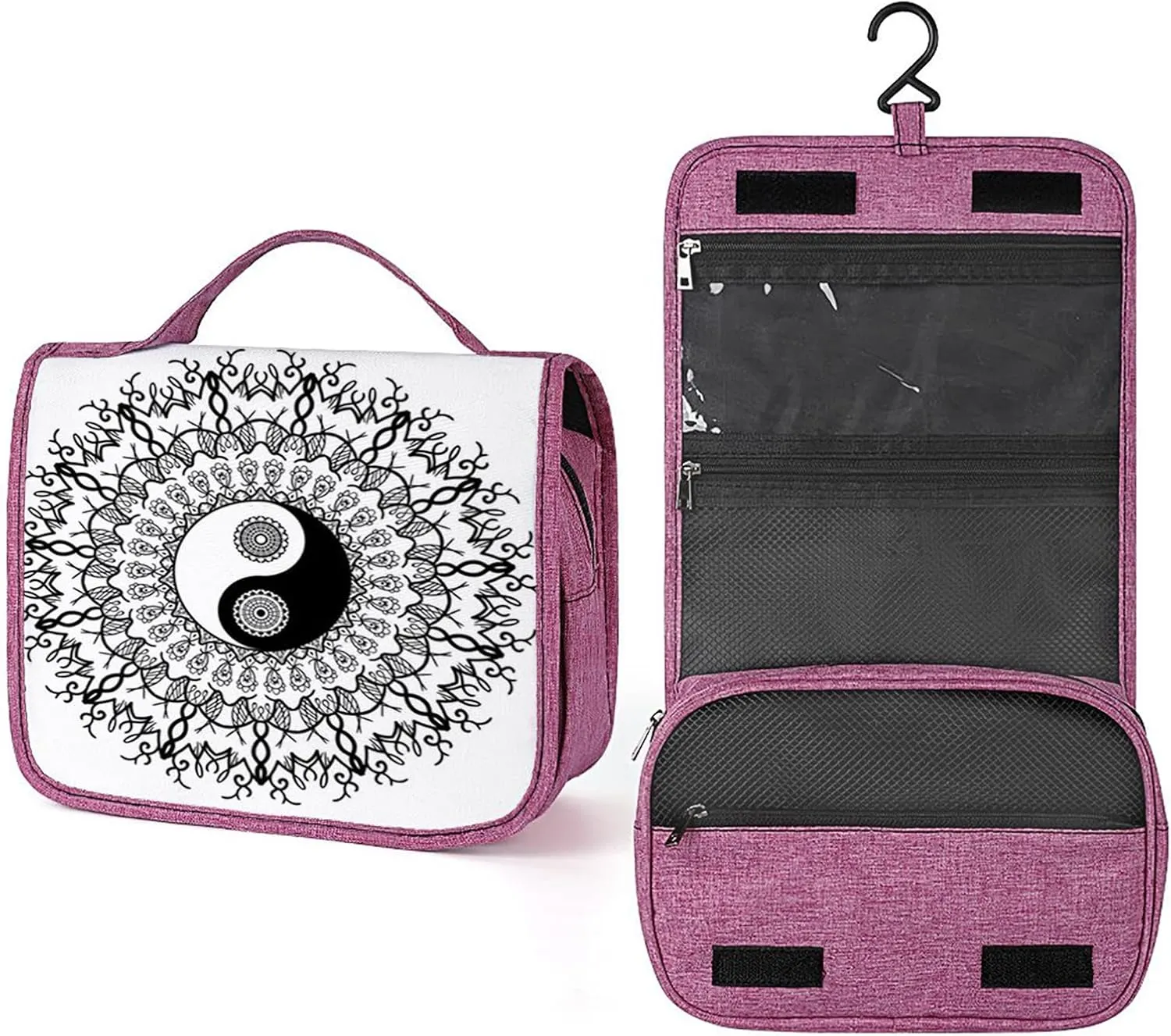 Yin Yang Design,Makeup Bag Cosmetic Travel Bag with Hanging Hook,Yin Yang Mandala,Water-resistant Make Up Bag Organizer for Brushes,Full-size Container,Toiletries,Black White