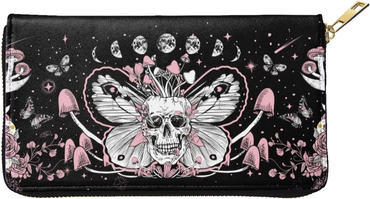 YISHOW Hippie Mushroom Skull Wallet Slim Thin Leather Purse Wallet With Zip Around Clutch Casual Handbag For Phone Key Credit Cards