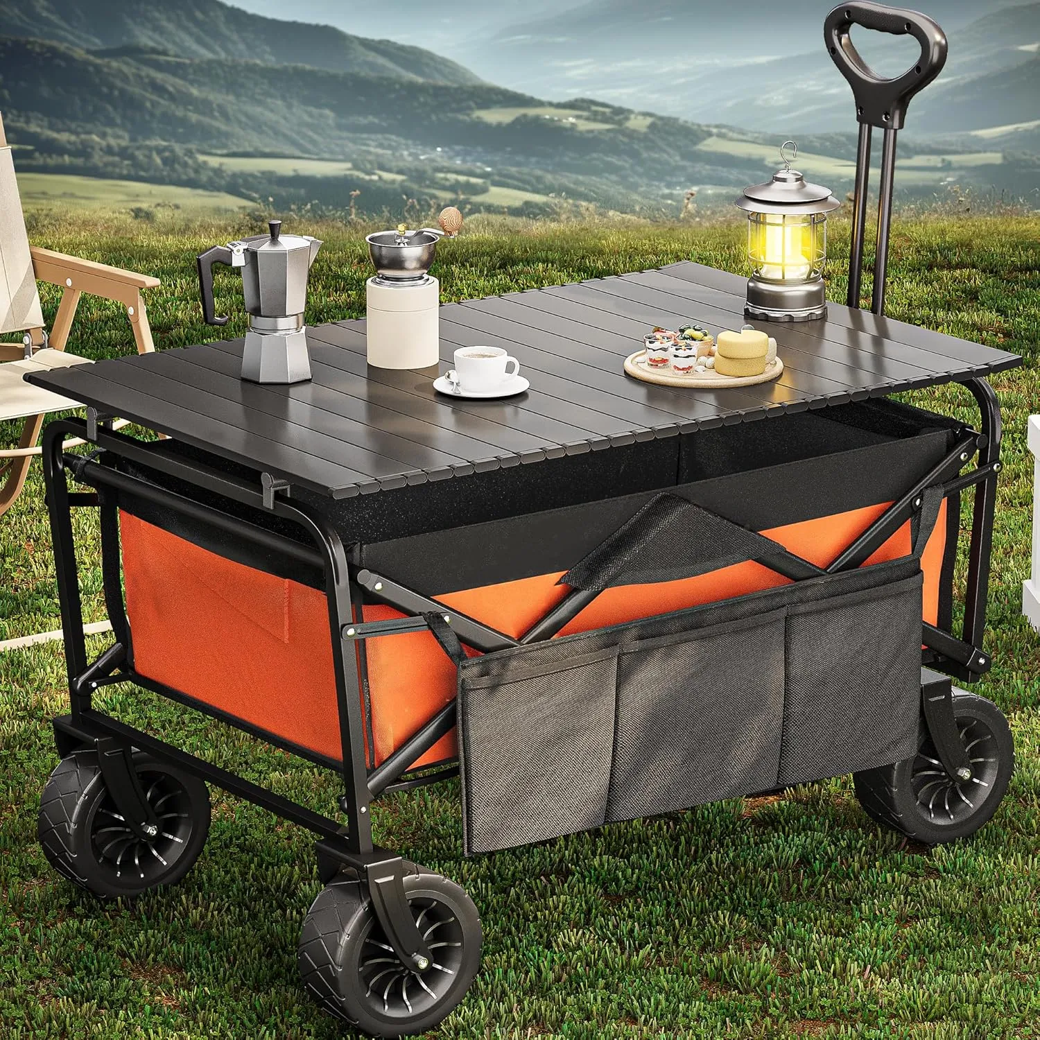YITAHOME Folding Wagon w/Table Plate, Large Capacity Collapsible Wagon Cart, Adjustable Handle Height Foldable Utility Garden Cart, Outdoor Beach Wagon for Camping, Shopping, Sports, Garden - Orange