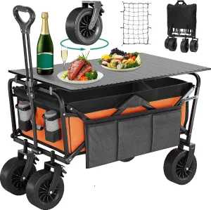 YITAHOME Folding Wagon w/Table Plate, Large Capacity Collapsible Wagon Cart, Adjustable Handle Height Foldable Utility Garden Cart, Outdoor Beach Wagon for Camping, Shopping, Sports, Garden - Orange