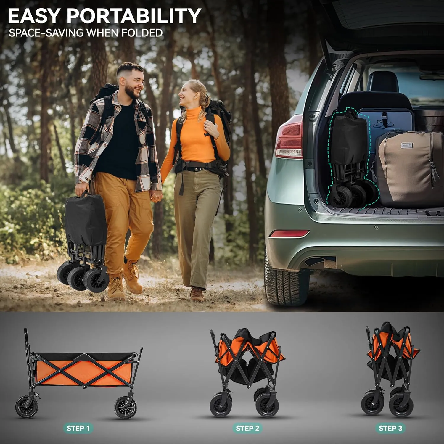 YITAHOME Folding Wagon w/Table Plate, Large Capacity Collapsible Wagon Cart, Adjustable Handle Height Foldable Utility Garden Cart, Outdoor Beach Wagon for Camping, Shopping, Sports, Garden - Orange