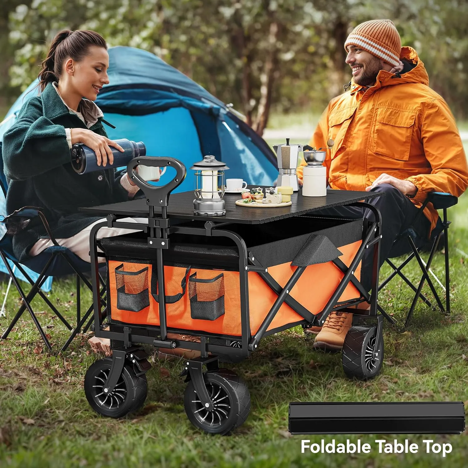 YITAHOME Folding Wagon w/Table Plate, Large Capacity Collapsible Wagon Cart, Adjustable Handle Height Foldable Utility Garden Cart, Outdoor Beach Wagon for Camping, Shopping, Sports, Garden - Orange