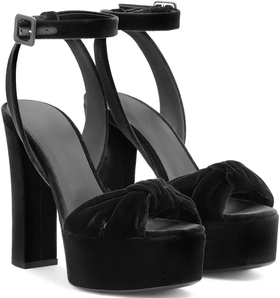 YIYA Women's Black Velvet Platform Heels Ankle Strap Sandals Peep Toe Chunky Block High Heel Party Evening Dress Pumps Shoes