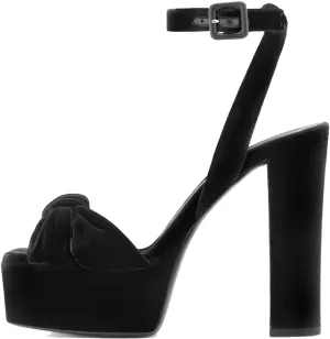 YIYA Women's Black Velvet Platform Heels Ankle Strap Sandals Peep Toe Chunky Block High Heel Party Evening Dress Pumps Shoes