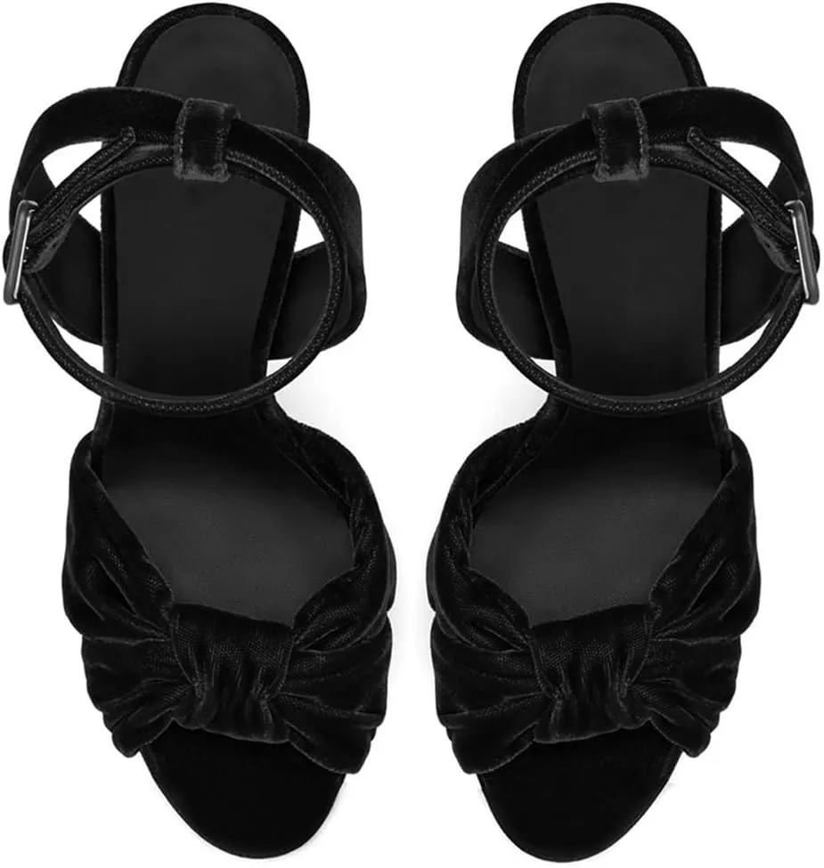 YIYA Women's Black Velvet Platform Heels Ankle Strap Sandals Peep Toe Chunky Block High Heel Party Evening Dress Pumps Shoes