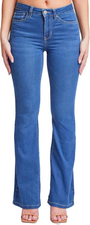 YMI Women's Hyper Denim Basic 5 Pkt 1 Btn Hr Flare Regular Inseam