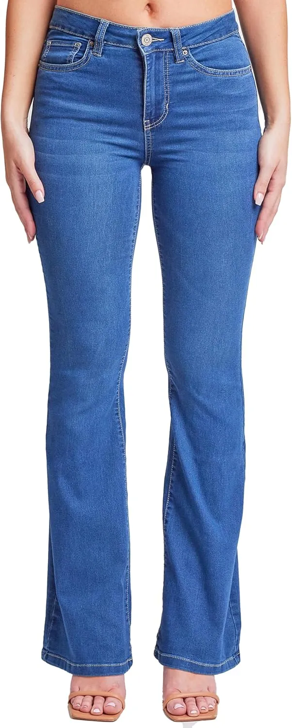YMI Women's Hyper Denim Basic 5 Pkt 1 Btn Hr Flare Regular Inseam