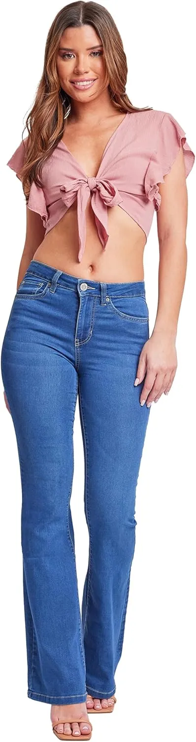 YMI Women's Hyper Denim Basic 5 Pkt 1 Btn Hr Flare Regular Inseam