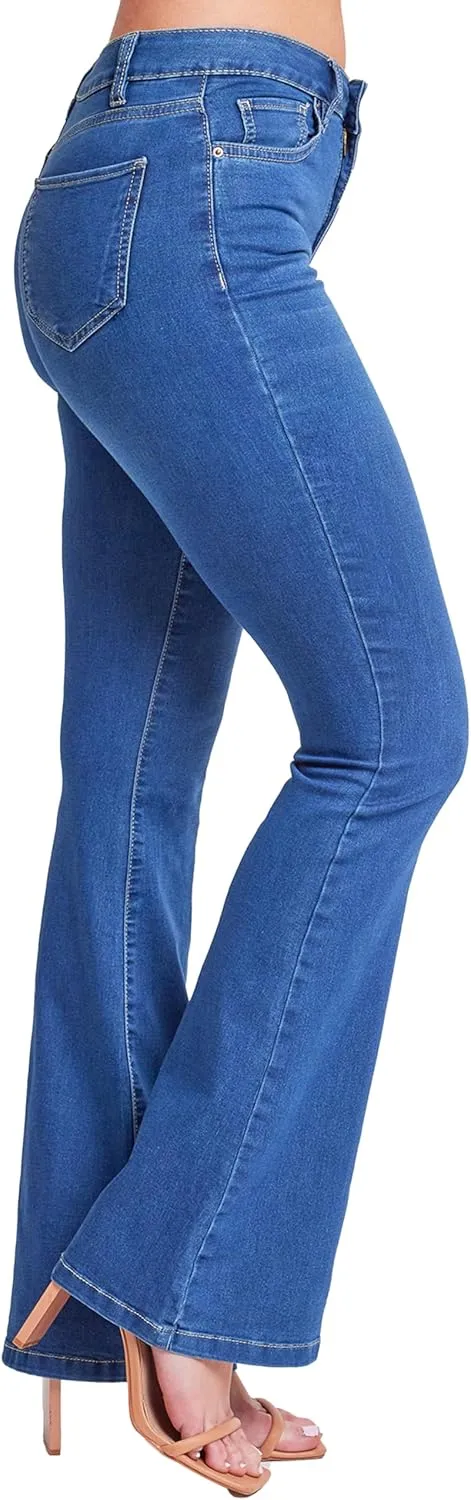 YMI Women's Hyper Denim Basic 5 Pkt 1 Btn Hr Flare Regular Inseam
