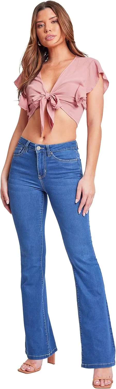 YMI Women's Hyper Denim Basic 5 Pkt 1 Btn Hr Flare Regular Inseam
