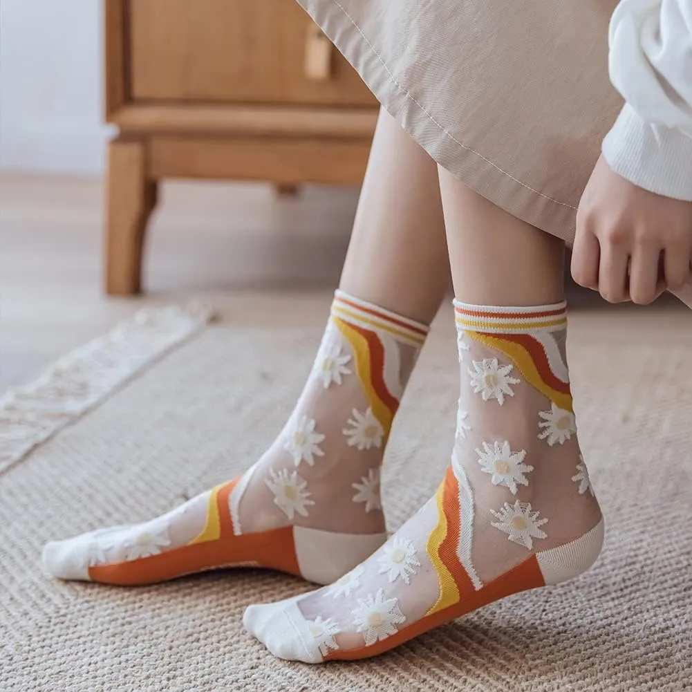Yomutiur Womens Sheer Socks, Summer Transparent Thin Mesh Lace Elastic Jacquard Crystal Glass Socks